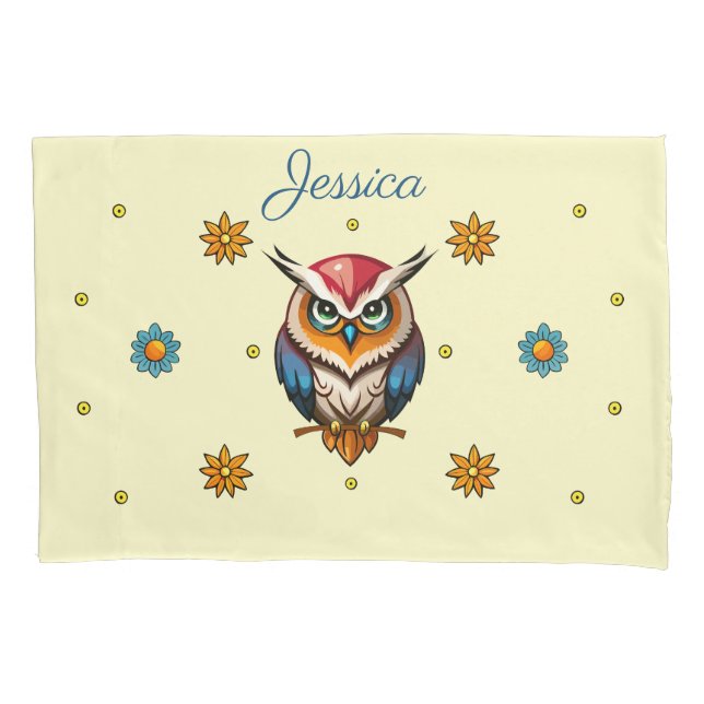 Cute owl with flowers kids pillowcase (Front)