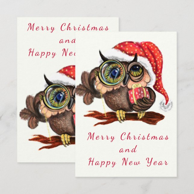 Cute Owl with Gift Christmas Card (Front/Back)