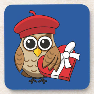 Cute Owl with Red Beret and Heart Box Coaster