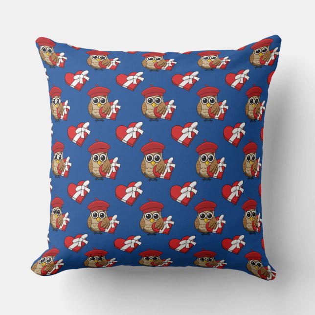 Cute Owl with Red Beret and Heart Box Cushion (Front)