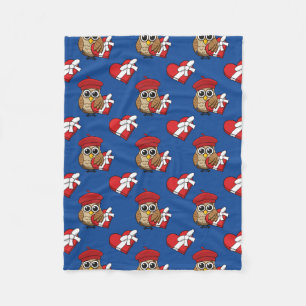 Cute Owl with Red Beret and Heart Box Fleece Blanket
