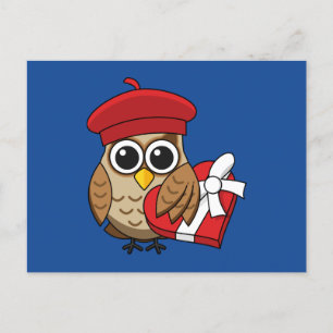 Cute Owl with Red Beret and Heart Box Holiday Postcard