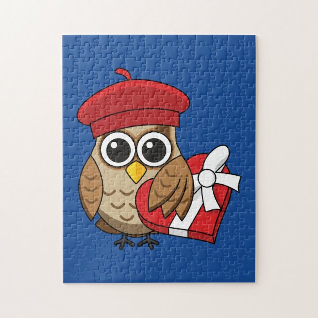 Cute Owl with Red Beret and Heart Box Jigsaw Puzzle (Vertical)