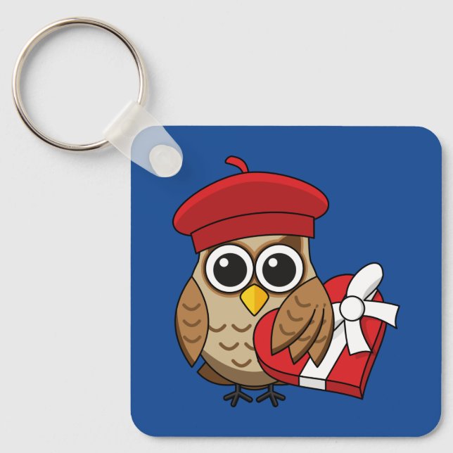 Cute Owl with Red Beret and Heart Box Key Ring (Front)
