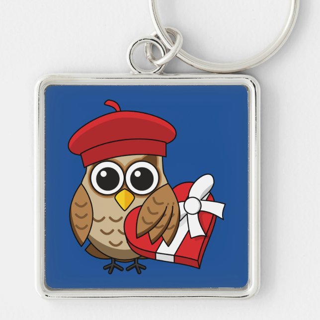 Cute Owl with Red Beret and Heart Box Key Ring (Front)