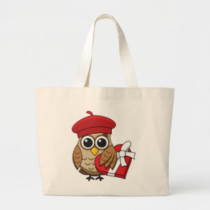 Cute Owl with Red Beret and Heart Box Large Tote Bag