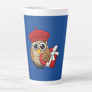 Cute Owl with Red Beret and Heart Box Latte Mug