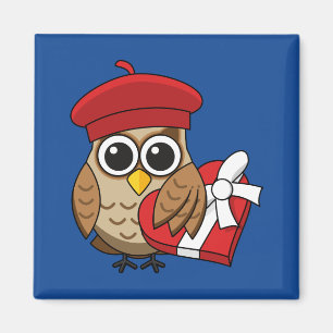 Cute Owl with Red Beret and Heart Box Magnet