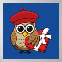 Cute Owl with Red Beret and Heart Box
