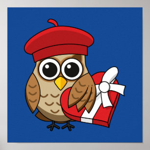Cute Owl with Red Beret and Heart Box Poster