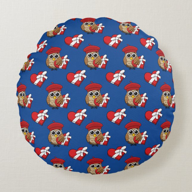 Cute Owl with Red Beret and Heart Box Round Cushion (Front)
