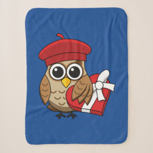 Cute Owl with Red Beret and Heart Box Sherpa Blanket