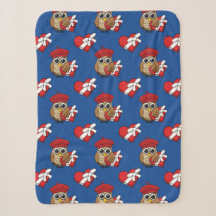 Cute Owl with Red Beret and Heart Box Sherpa Blanket