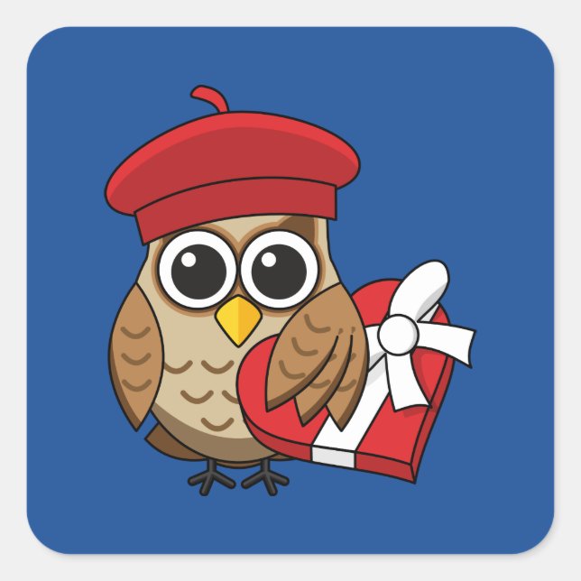 Cute Owl with Red Beret and Heart Box Square Sticker (Front)