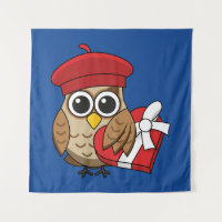 Cute Owl with Red Beret and Heart Box