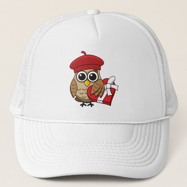 Cute Owl with Red Beret and Heart Box Trucker Hat (Front)