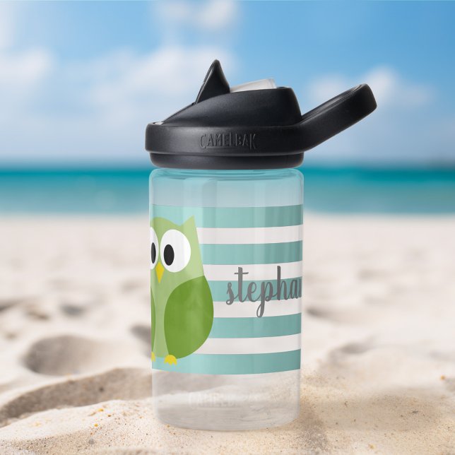 Cute Owl with Stripes - Script Name - blue green Water Bottle (Cute owl cartoon water bottle - personalize with a name or other text)