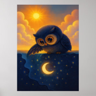 Cute Owl with Sun and Moon Fantasy Night Sky Poster