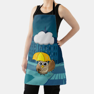 Cute Owl with Umbrella on Rainy Day Apron