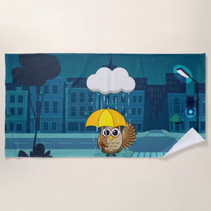 Cute Owl with Umbrella on Rainy Day Beach Towel