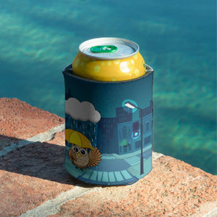 Cute Owl with Umbrella on Rainy Day Can Cooler