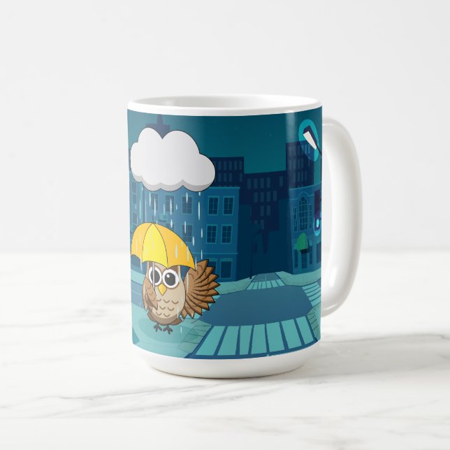 Cute Owl with Umbrella on Rainy Day Coffee Mug (Front Right)