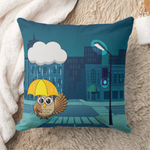 Cute Owl with Umbrella on Rainy Day Cushion