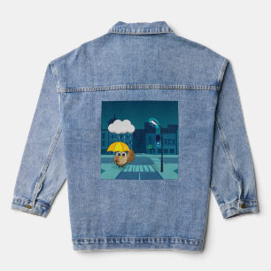 Cute Owl with Umbrella on Rainy Day Denim Jacket
