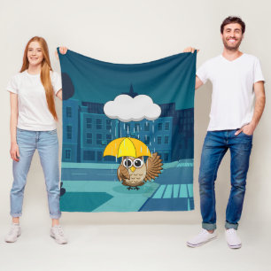Cute Owl with Umbrella on Rainy Day Fleece Blanket