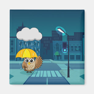 Cute Owl with Umbrella on Rainy Day Magnet