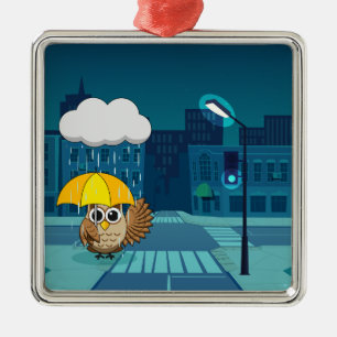 Cute Owl with Umbrella on Rainy Day Metal Ornament