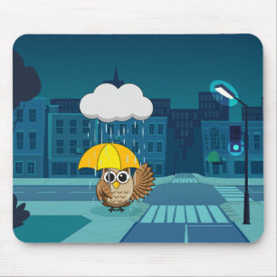 Cute Owl with Umbrella on Rainy Day Mouse Pad