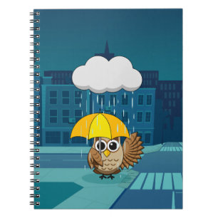 Cute Owl with Umbrella on Rainy Day Notebook