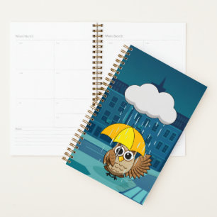 Cute Owl with Umbrella on Rainy Day Planner