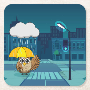 Cute Owl with Umbrella on Rainy Day Square Paper Coaster