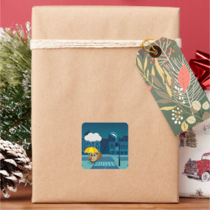 Cute Owl with Umbrella on Rainy Day Square Sticker