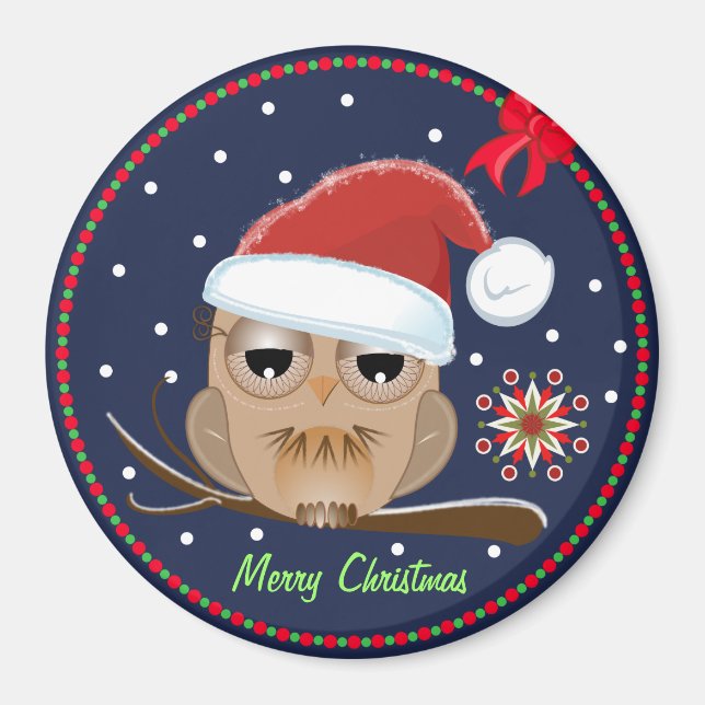 Cute Owl with Xmas hat & custom Text magnet (Front)