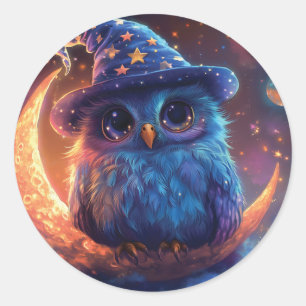 Cute Owl Wizard on the Moon: Magical Fantasy Art Classic Round Sticker