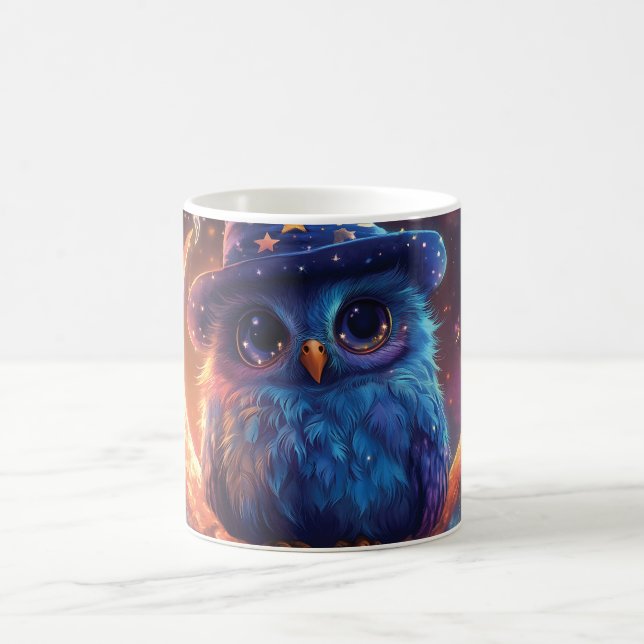 Cute Owl Wizard on the Moon: Magical Fantasy Art Coffee Mug (Center)