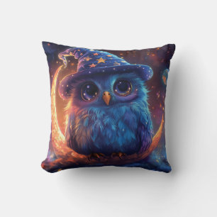 Cute Owl Wizard on the Moon: Magical Fantasy Art Cushion