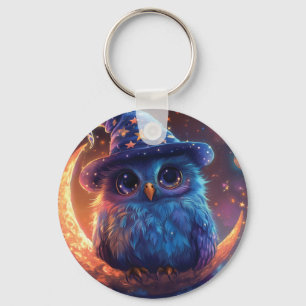 Cute Owl Wizard on the Moon: Magical Fantasy Art Key Ring