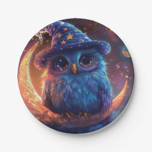 Cute Owl Wizard on the Moon: Magical Fantasy Art Paper Plate