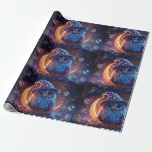 Cute Owl Wizard on the Moon: Magical Fantasy Art Wrapping Paper