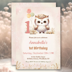 Cute Owl Woodland Boho Girl 1st Birthday  Invitation