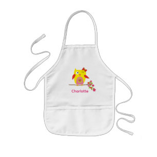 Cute Owl Yellow Pink Flowers Personalised Kids Apron