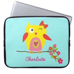 Cute Owl Yellow Pink Flowers Personalised Name Laptop Sleeve