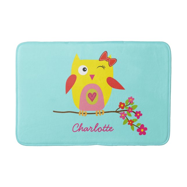 Cute Owl Yellow Pink Illustration Customisable Bath Mat (Front)