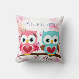 Cute Owl You Need is Love Flowers Cotton Cushion