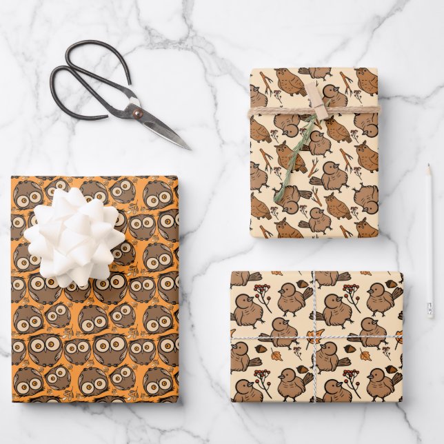cute owls and birds pattern wrapping paper sheet (Front)