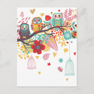Cute Owls and colourful floral image background Postcard